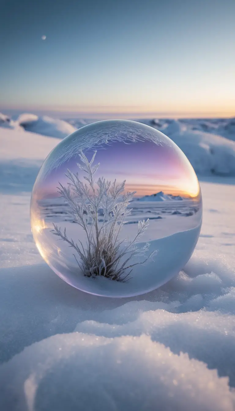 漂浮在雪白極地苔原上方的冰凍氣泡
