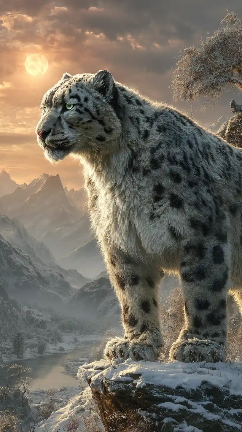 Snow leopard on snowy Swiss cliff under rising moon
