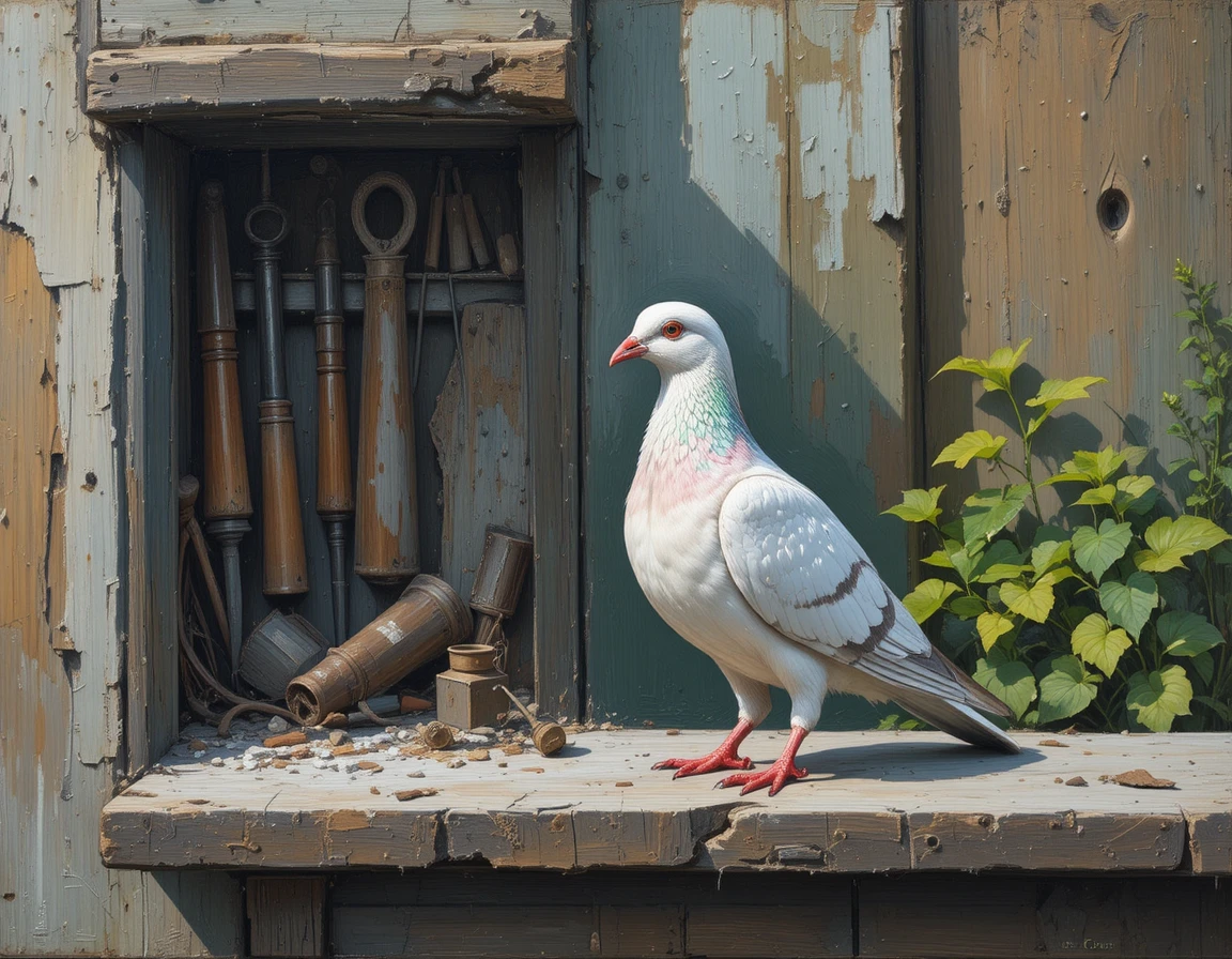 庭の鳩小屋の隅からこちらを見つめる白い鳩