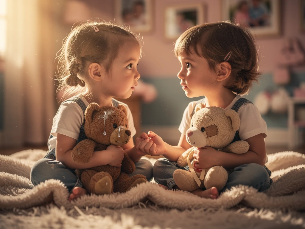 Zwei Kinder halten Teddybären auf einer sonnenbeschienenen Decke
