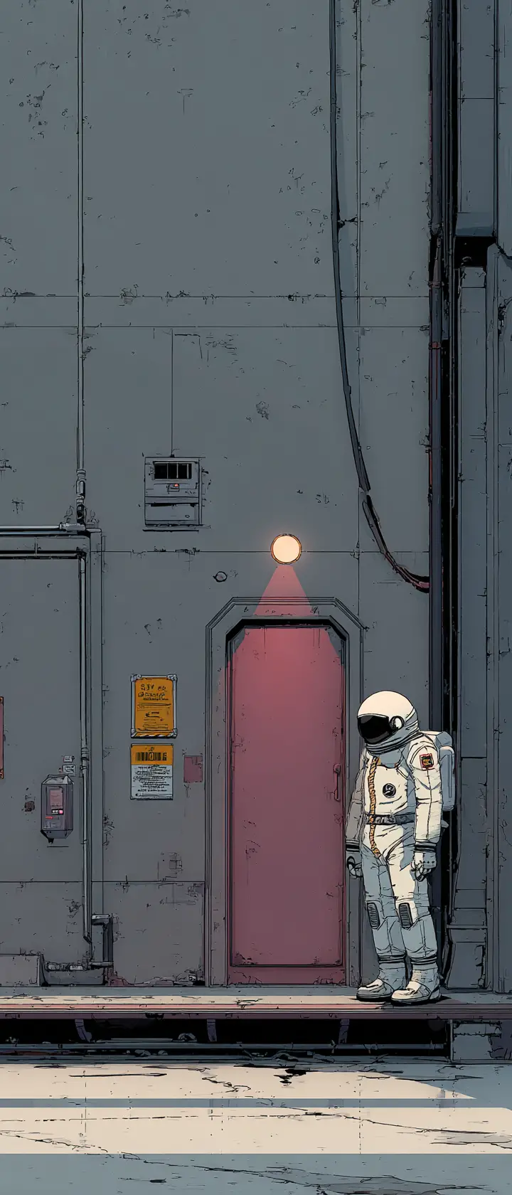 Figura solitária em corredor espacial retrô sci-fi minimalista