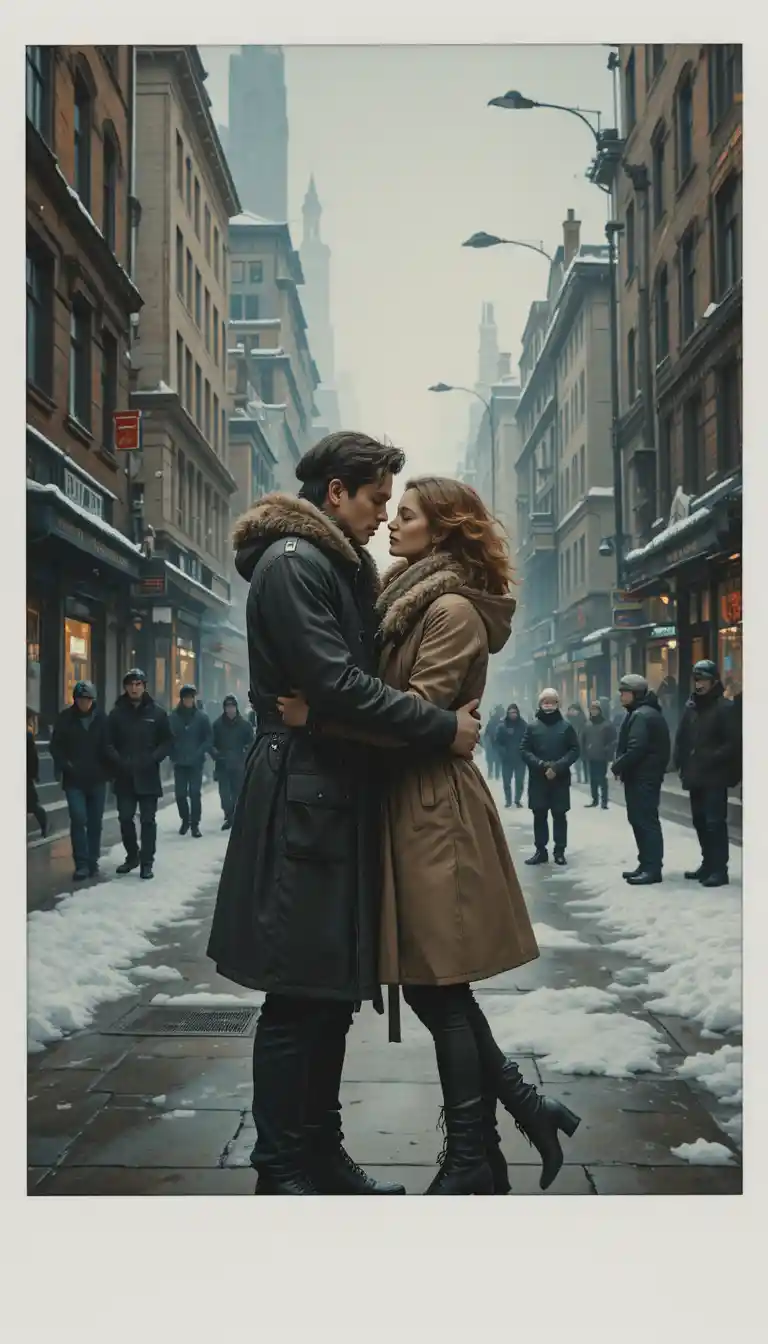 Ilustración de joven pareja abrazándose en una calle de ciudad invernal