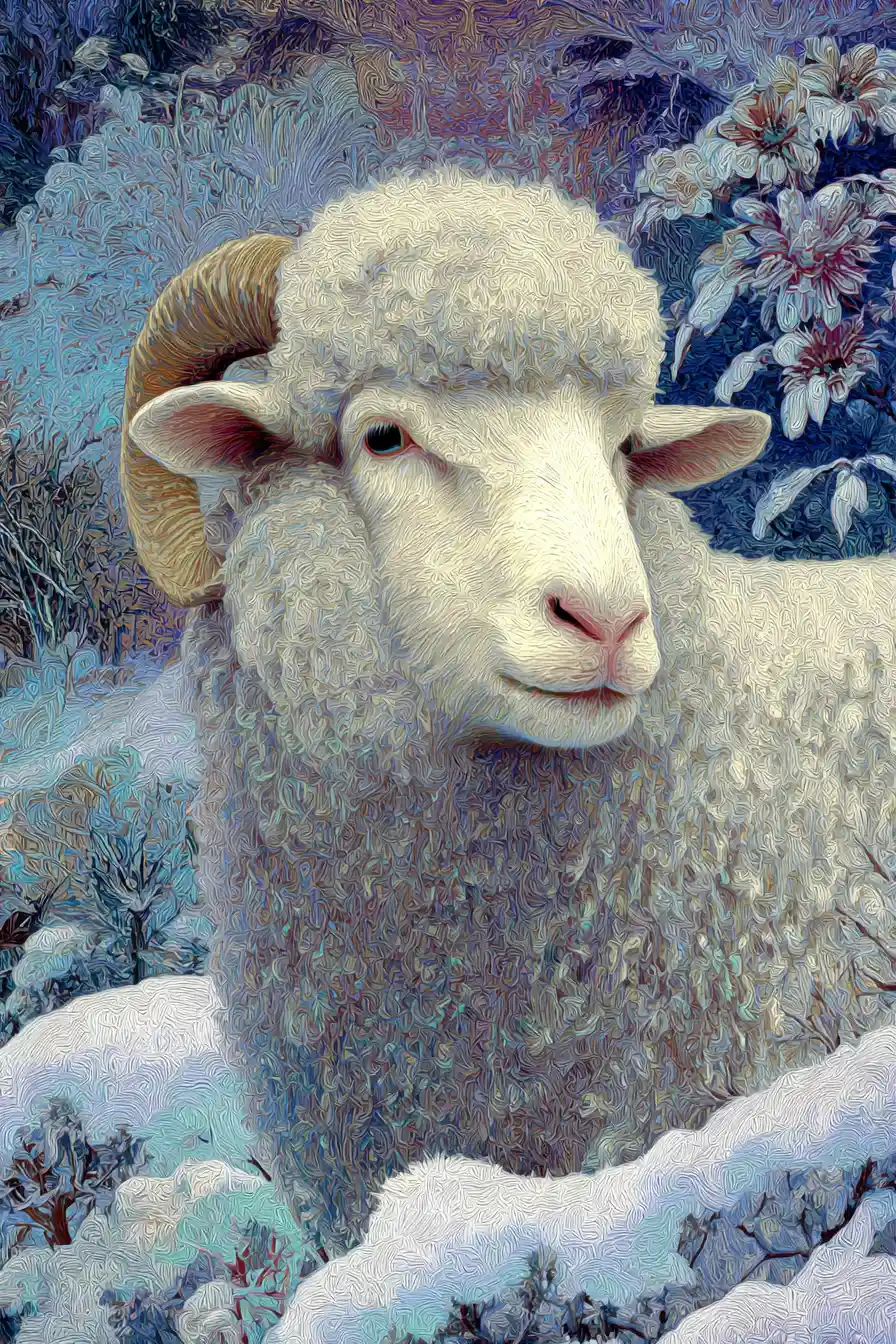 Pecora antropomorfa eterea in un paesaggio fantasy innevato