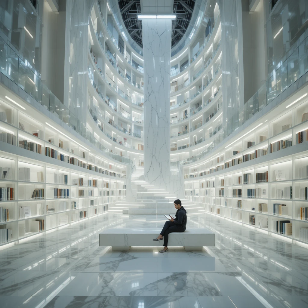 Interno di biblioteca futuristica in città con lettore solitario su una panchina