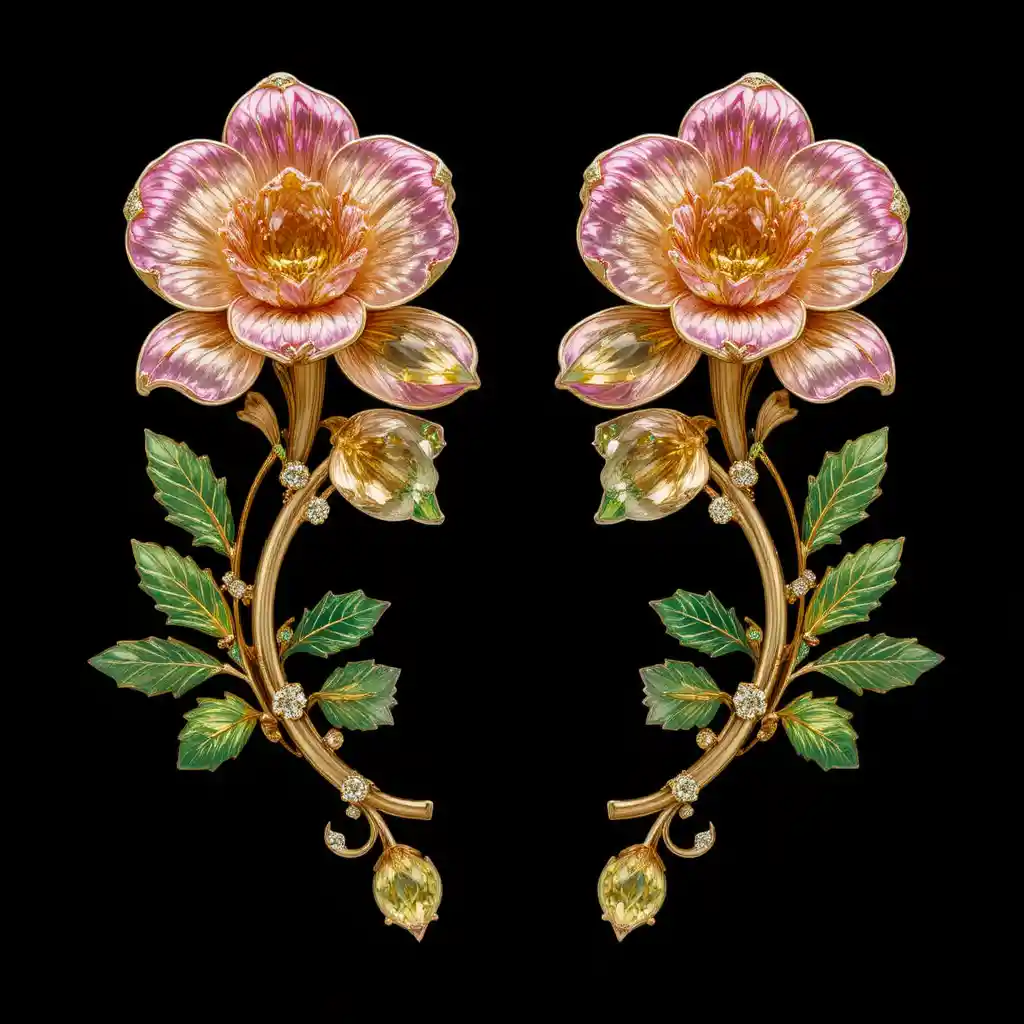 Boucles d’oreilles fleuries en or en forme de freesias avec pétales en pierres précieuses colorées