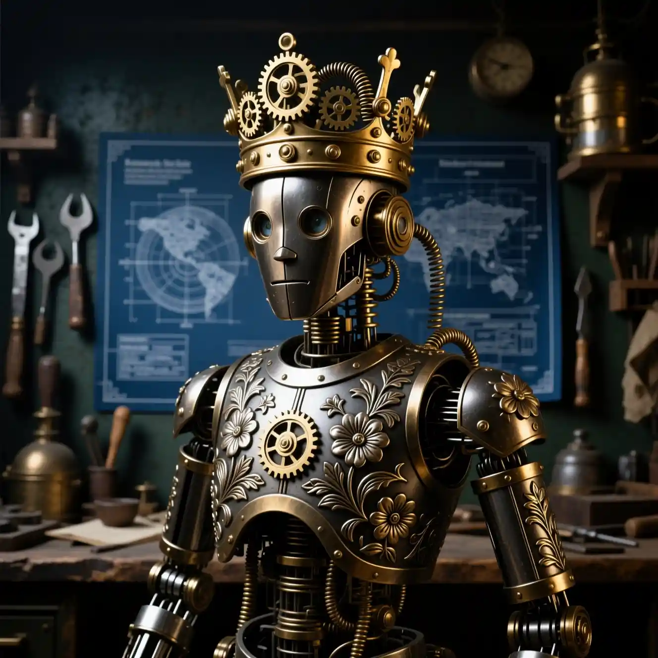 Steampunk automaton crowned in a Victorian workshop