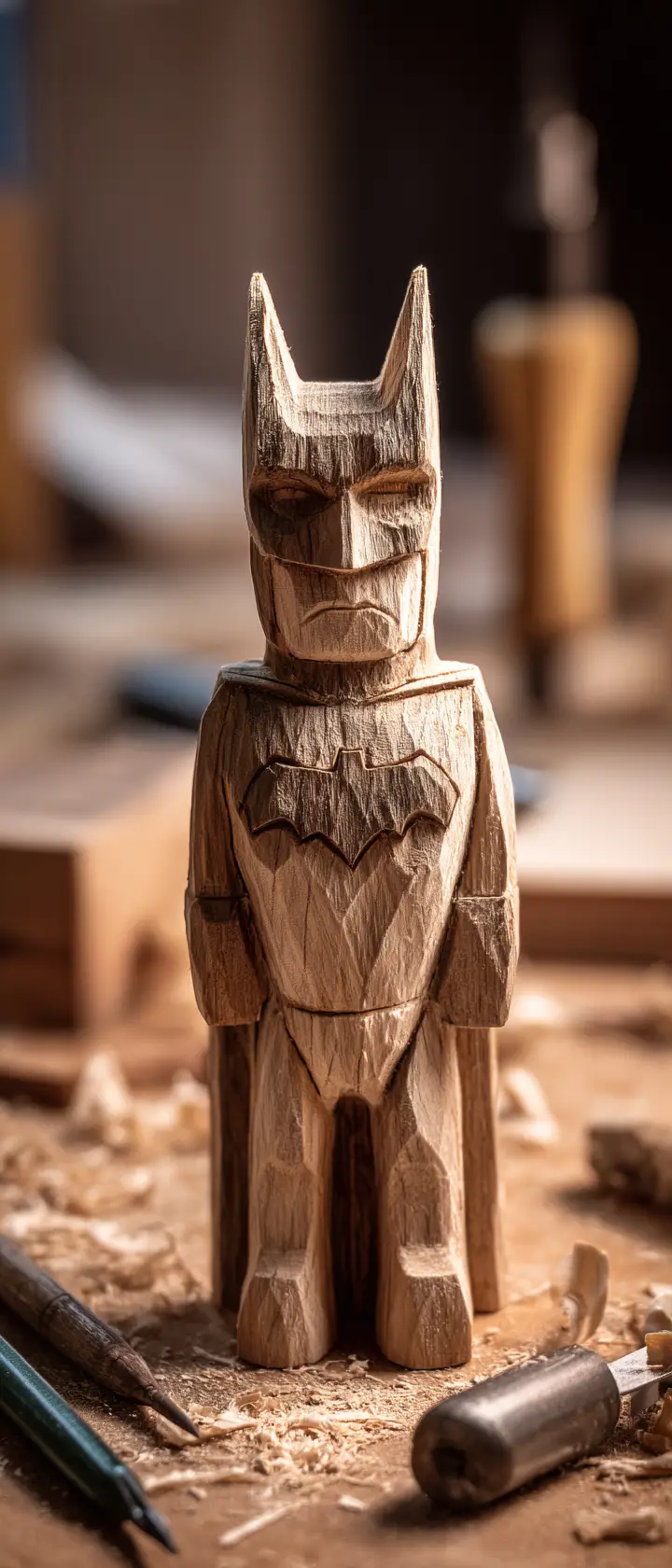 Handgeschnitzte Batman-Figur aus Holz auf Werktisch