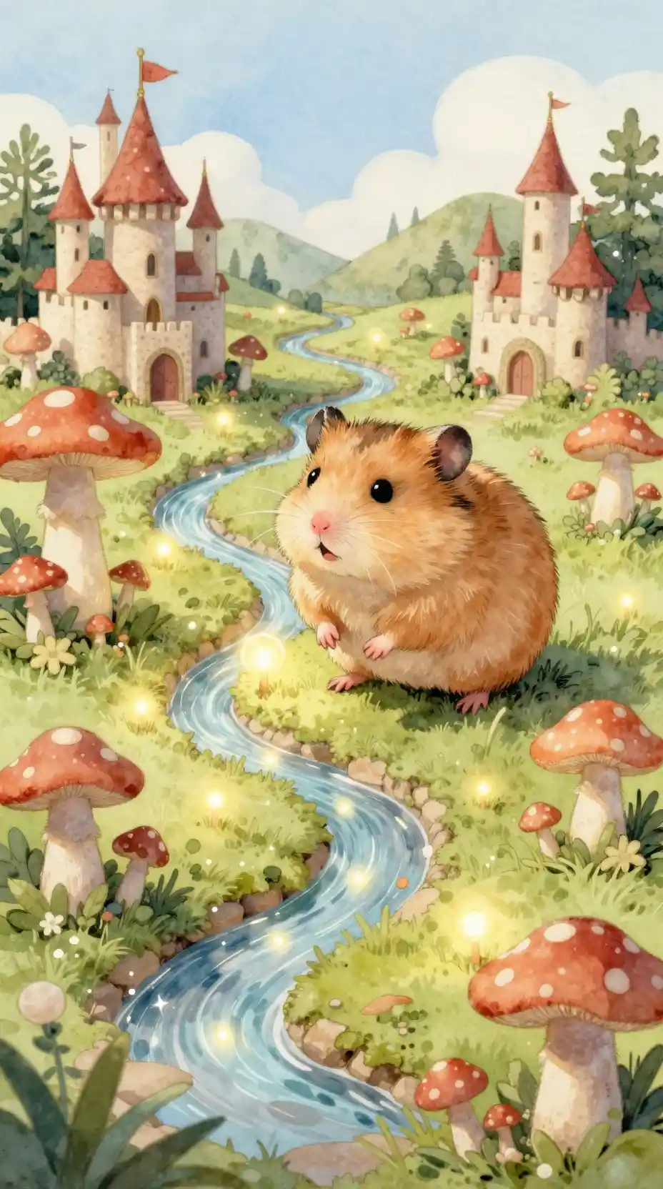Cute hamster exploring a tiny fantasy watercolor world