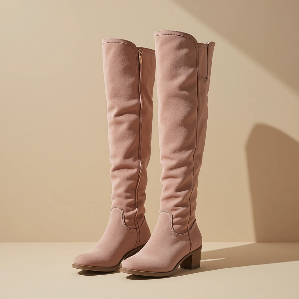 Botas de inverno em camurça rosa pastel em fundo bege de estúdio