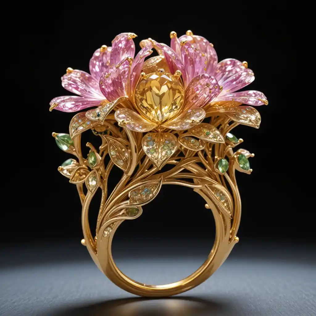 Gold freesia flower ring with colorful gemstone petals