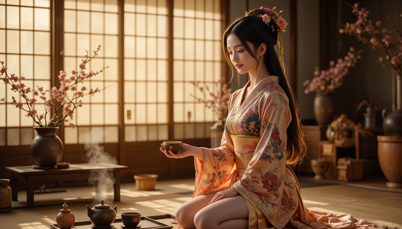Jeune fille élégante en kimono rose servant du matcha sur un tatami