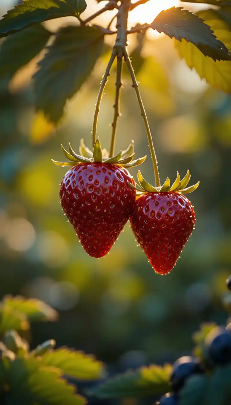 Fraises mûres en contre-jour sur un doux feuillage vert de jardin