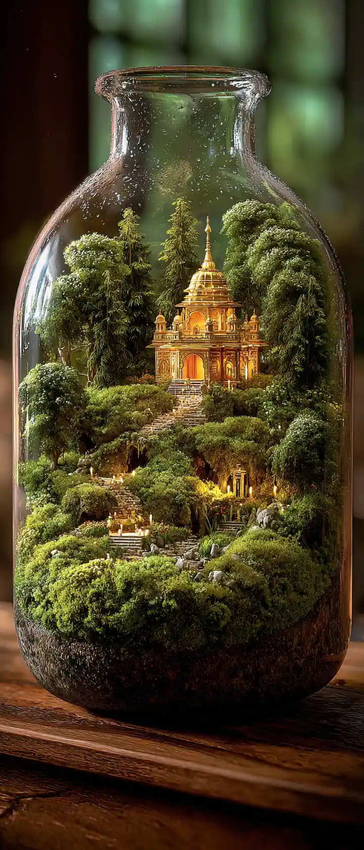 Terrario in miniatura con tempio dorato e rugiada del mattino sotto vetro