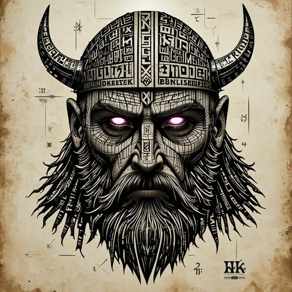 Rostro de guerrero vikingo formado completamente por runas brillantes