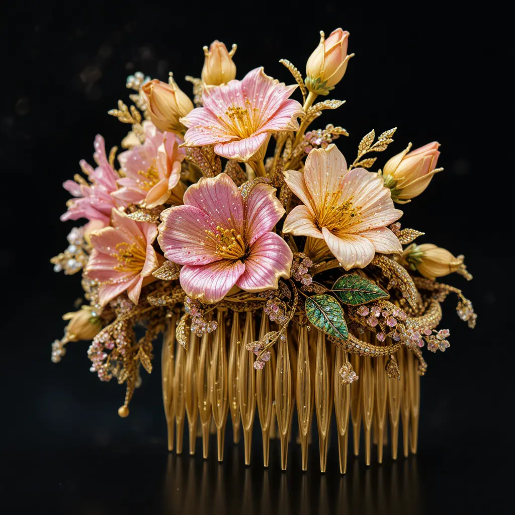Gold freesia hair comb with pink and yellow gemstone flowers
