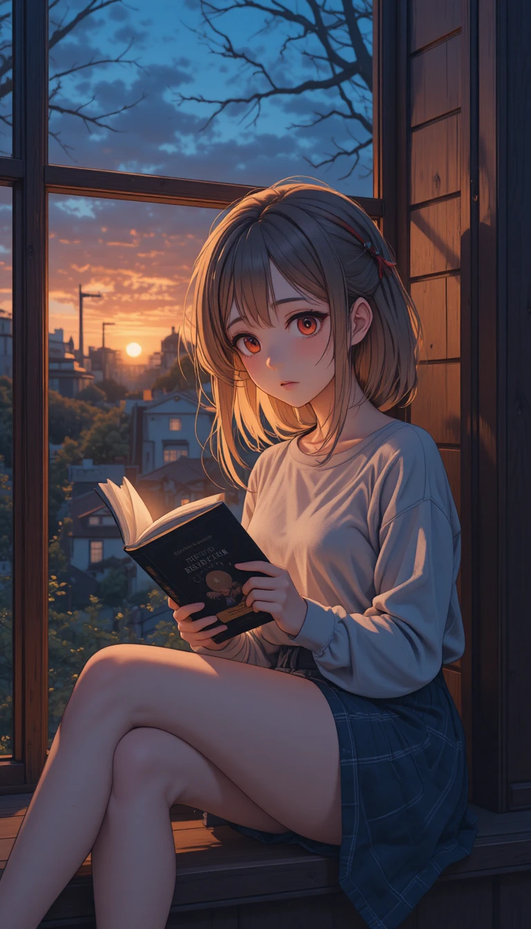 Anime girl reading by a glowing sunset window