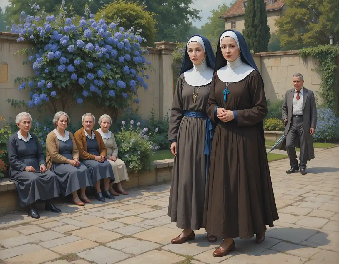 Two nuns carrying a copper cauldron in a quiet garden