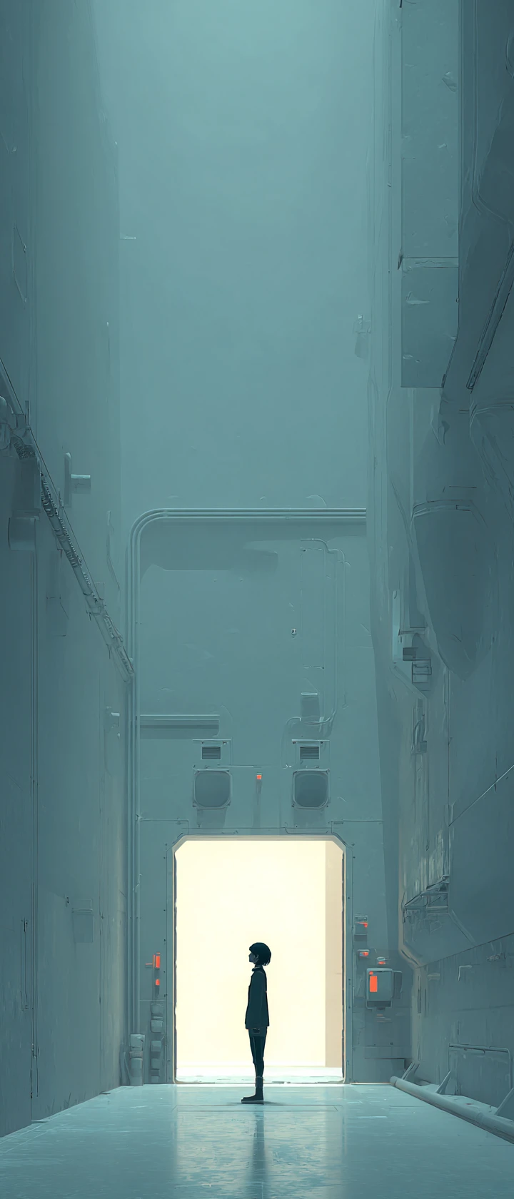 Figura solitária em corredor espacial retrô sci-fi minimalista