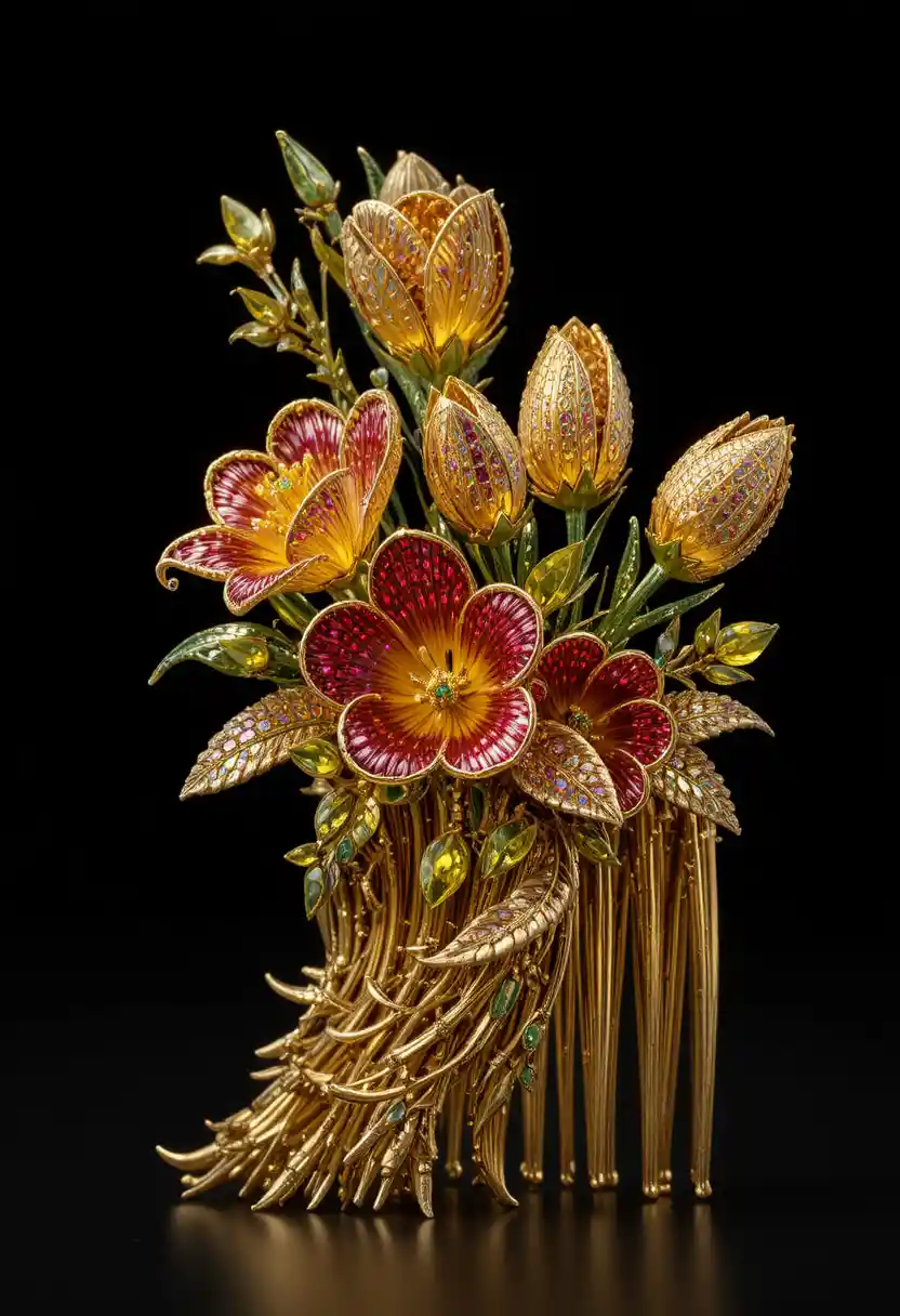 Gemstone freesia hair comb in intricate gold side view