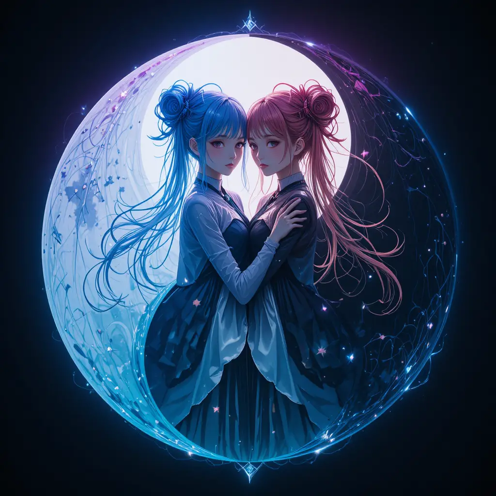 Zwei Mädchen bilden ein Yin‑Yang‑Symbol in vollkommener Harmonie