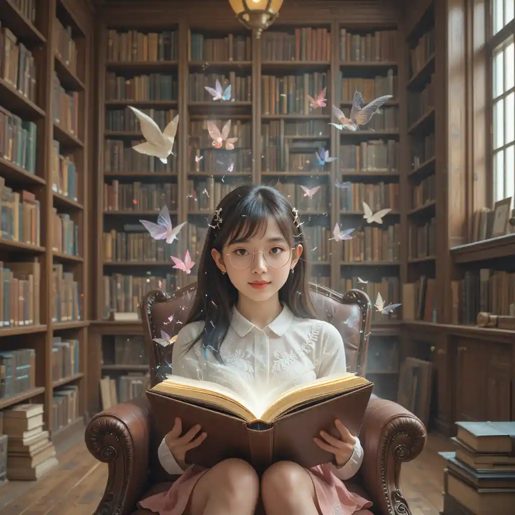 Dolce ragazza che legge in biblioteca con immagini fantasy volanti