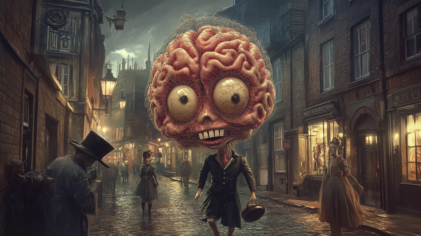 Anthropomorphic brain gentleman in dark London alley