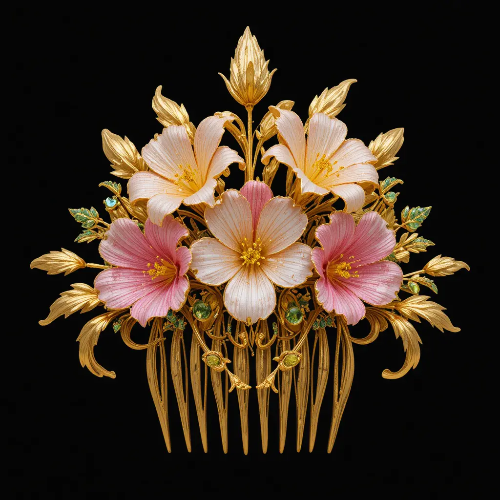 Gold freesia hair comb with pink and yellow topaz flowers