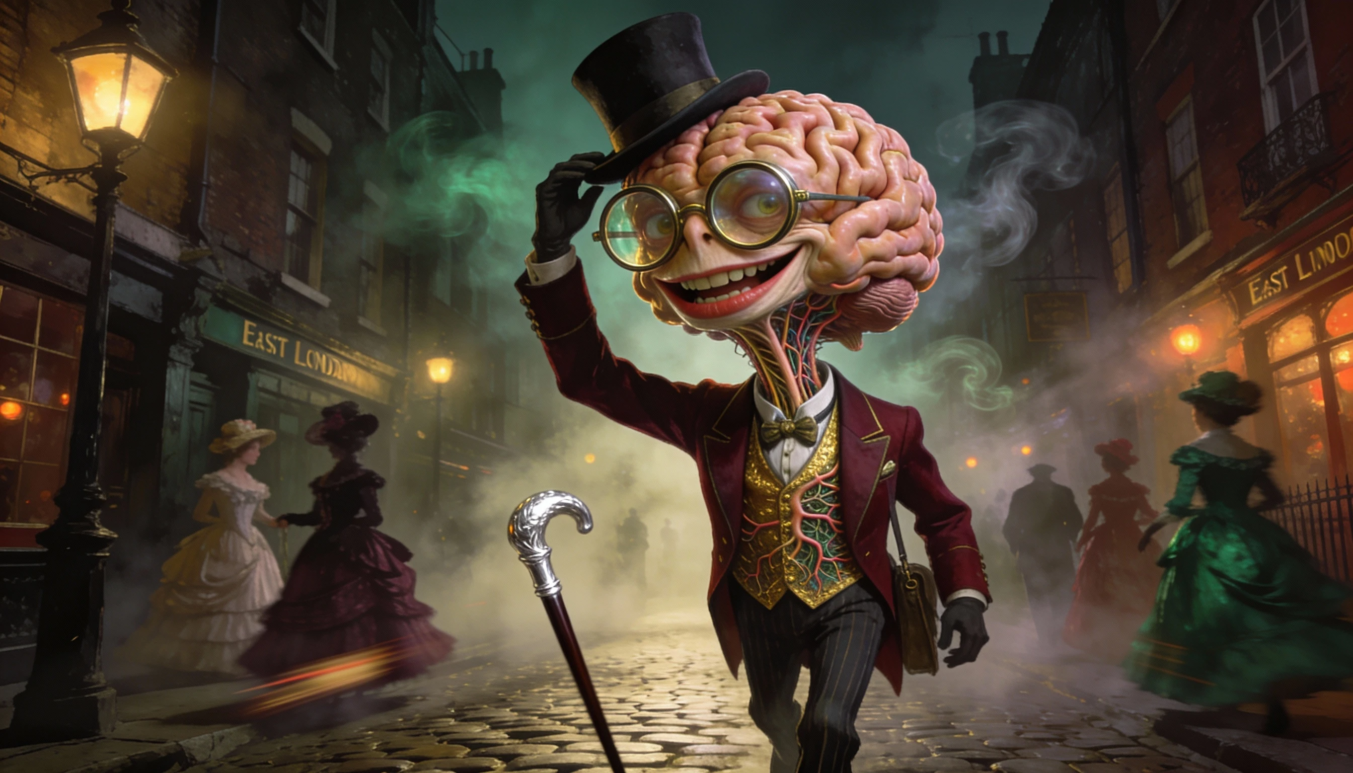 Dapper Brain Creature Strolling Old London Alleyways