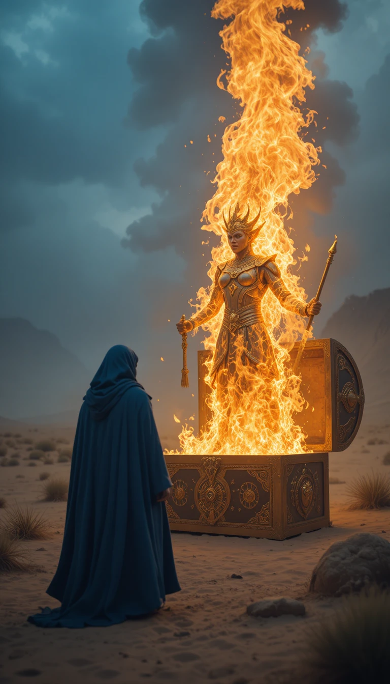 Fire djinn emerging from a golden chest before a wizard