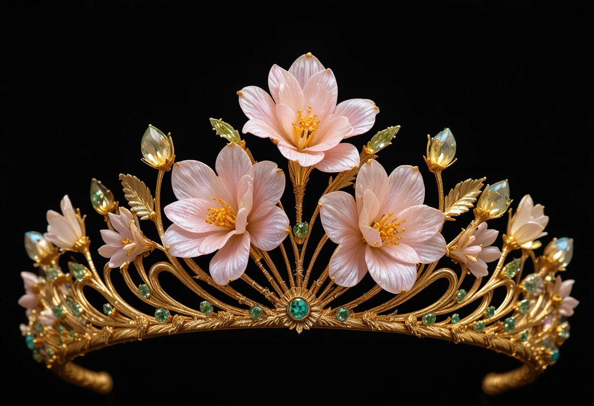 Goldenes Diadem mit Edelstein-Freesienblüten auf schwarzem Hintergrund