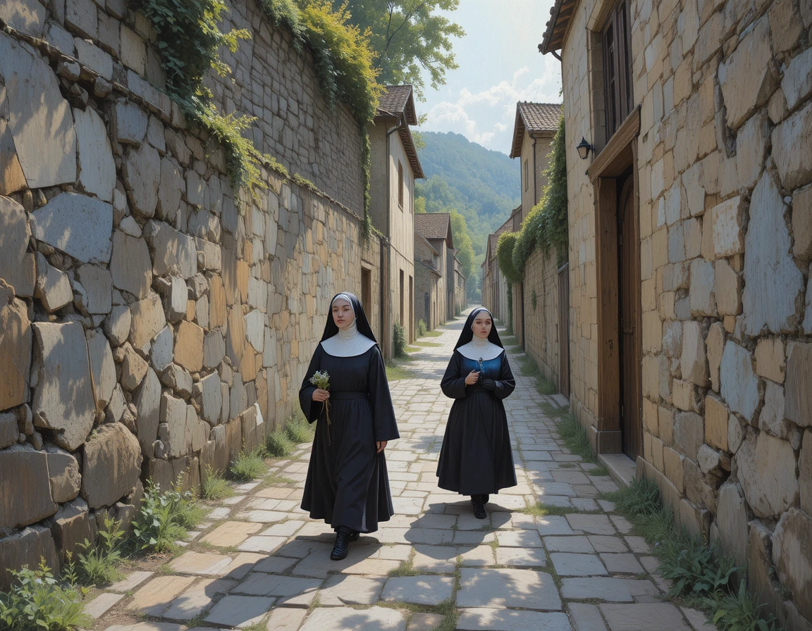 Deux nonnes portent un chaudron en cuivre le long du mur du couvent