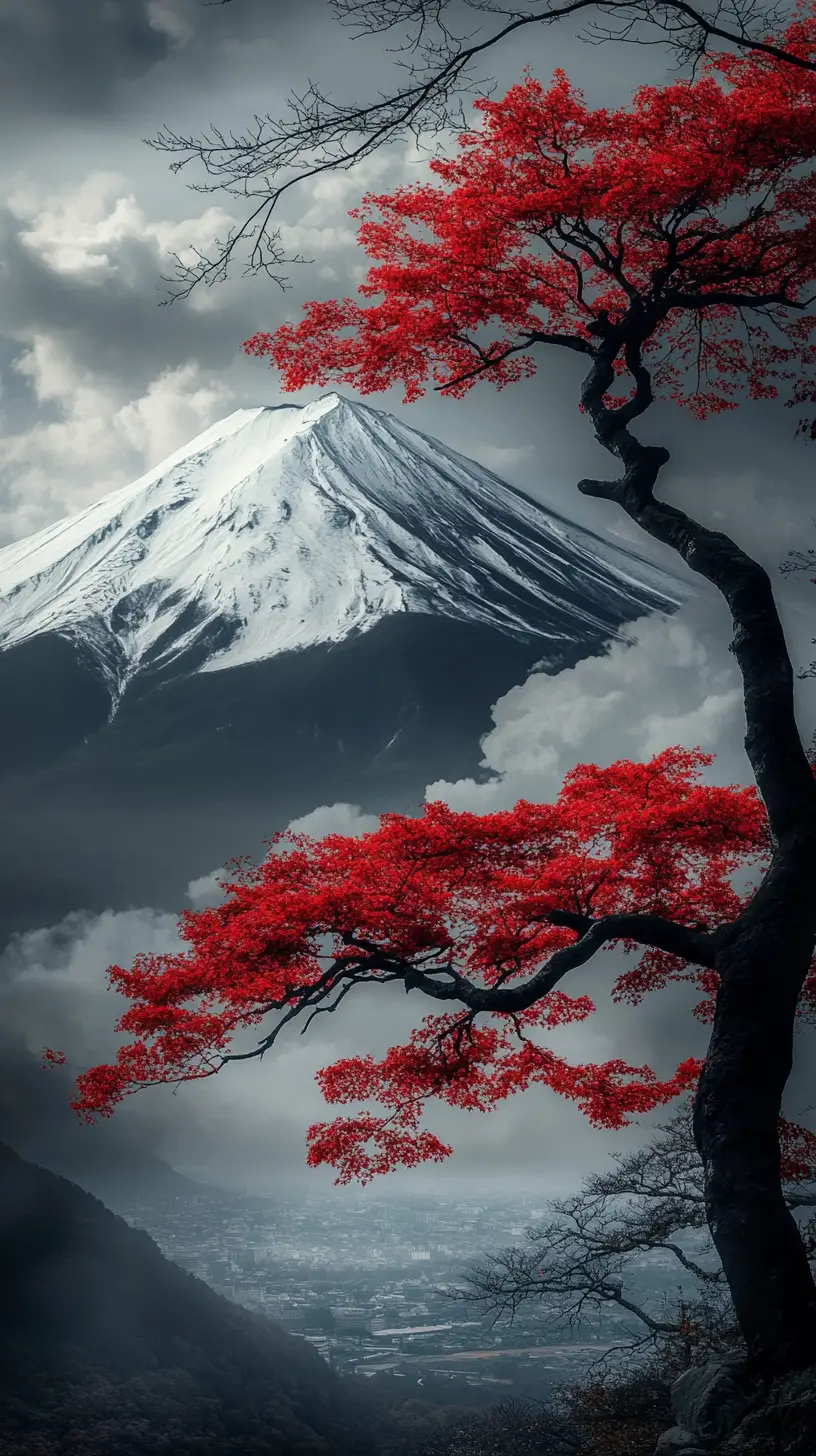 紅色樹木與戲劇性天空下的雪白富士山