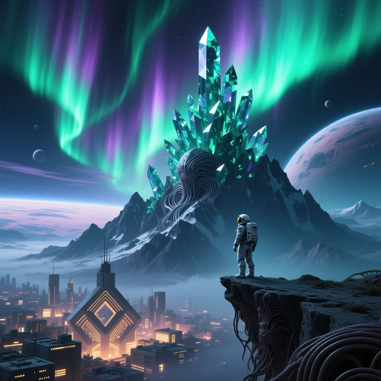 Astronaut Overlooking Alien City From Crystalline Mountains