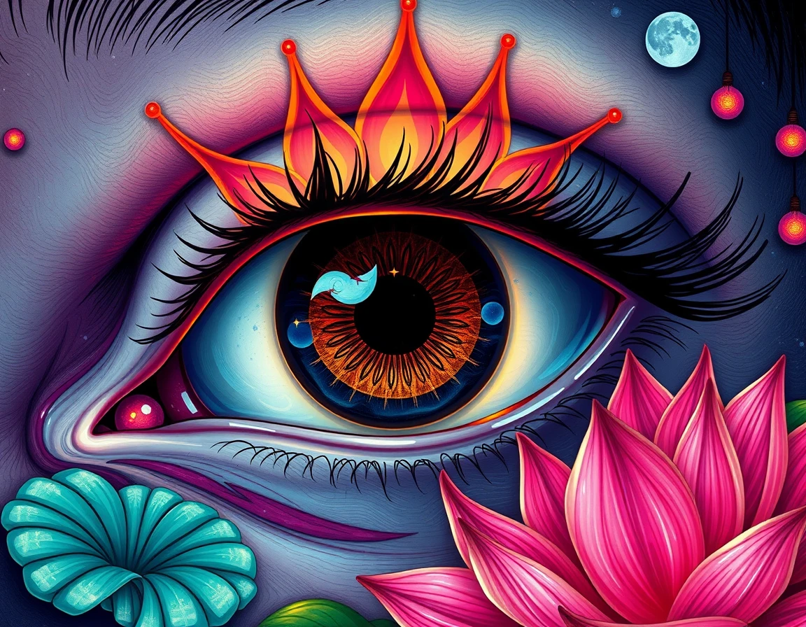Olho Noturno Surreal com Rugas de Lótus em Chamas