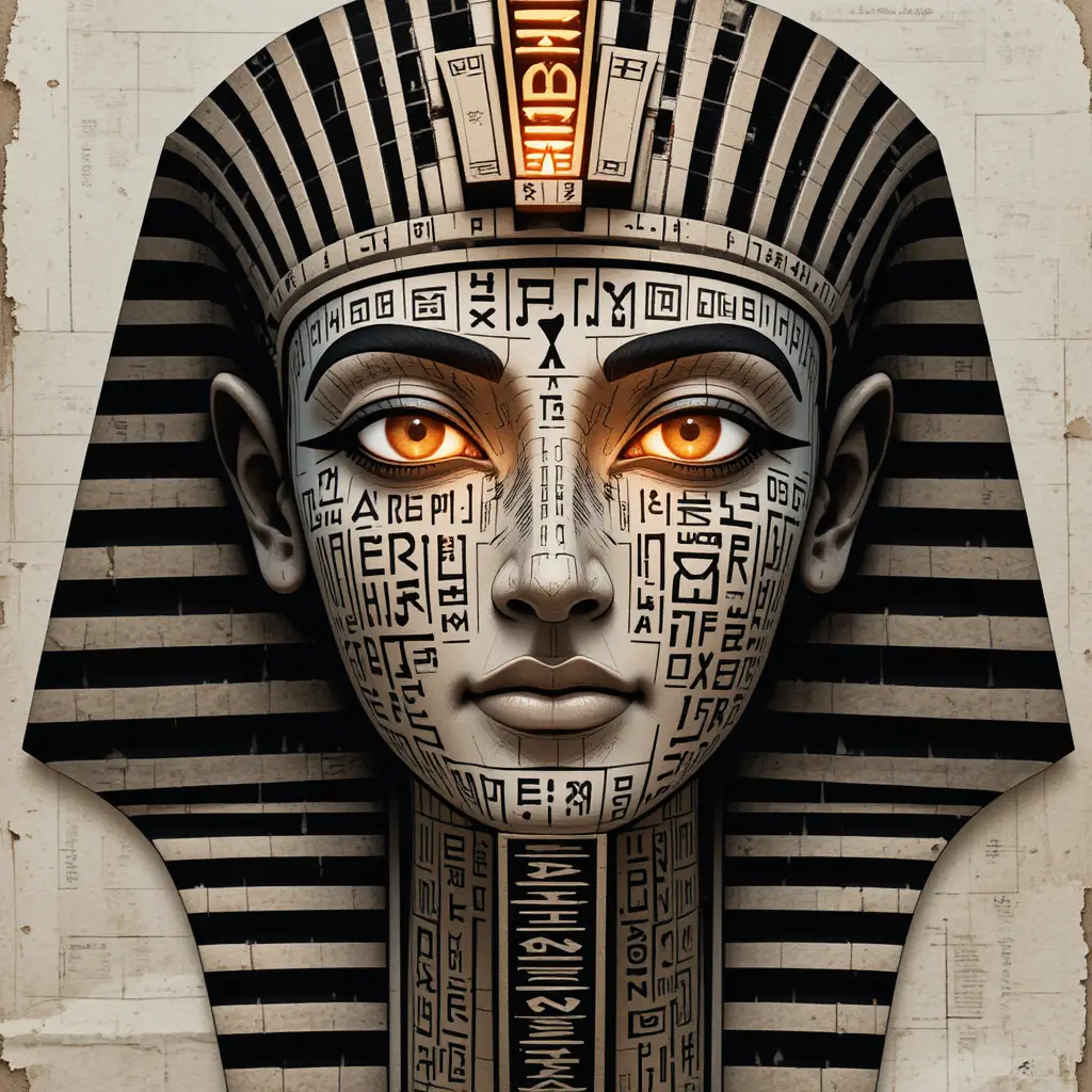 Hieroglyphic pharaoh face formed by glowing ancient symbols