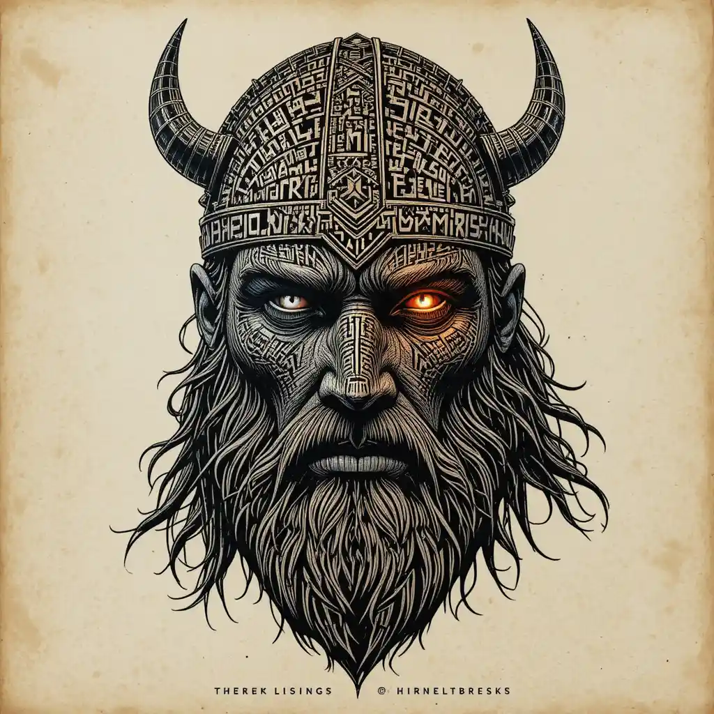 Viking warrior face built from glowing runic typography