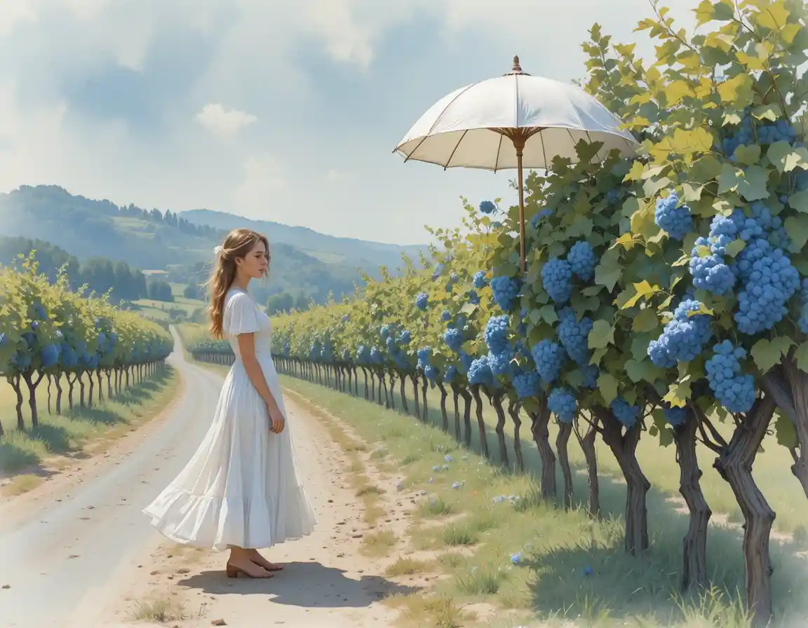 Woman with white parasol by a harvested vineyard road