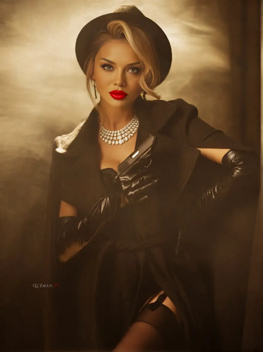 Portrait d’une femme glamour en trench noir et chapeau