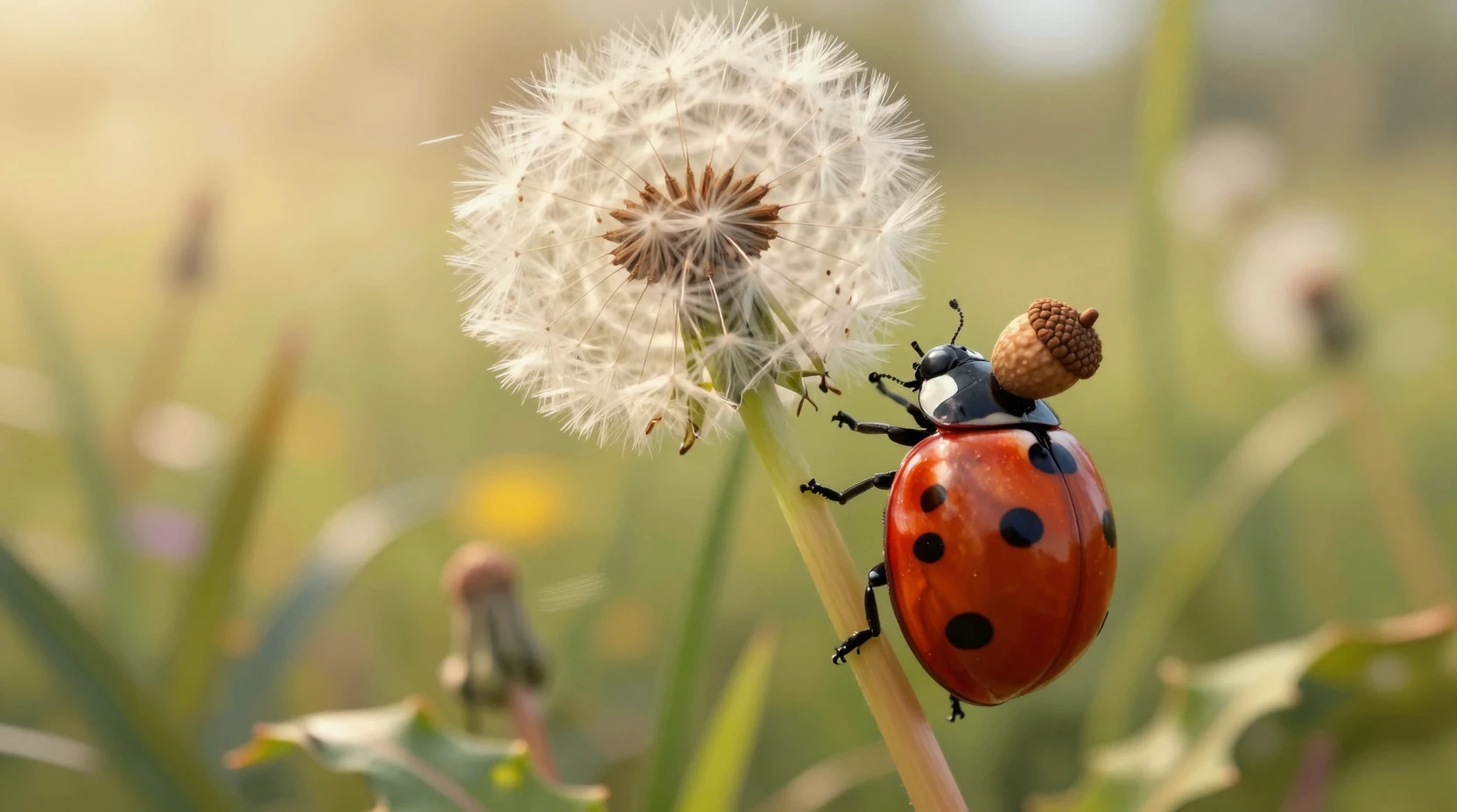 Coccinella eroina su soffione di tarassaco all’ora d’oro