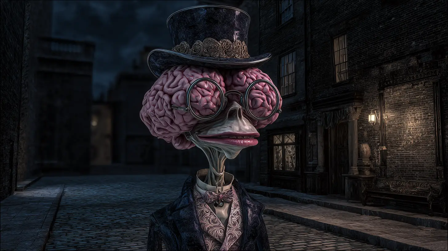 Dapper brain gentleman strolling through dark victorian london alleys