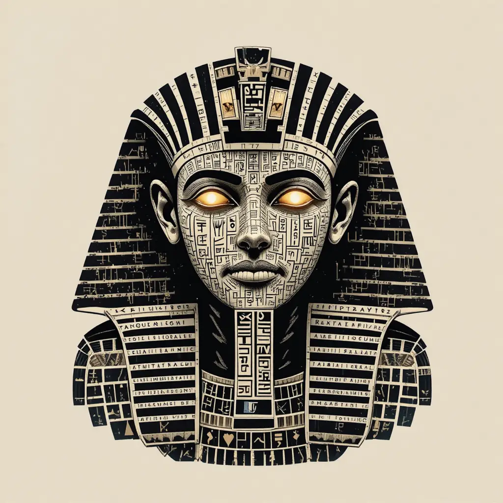 Hieroglyphic pharaoh face built from glowing ancient text