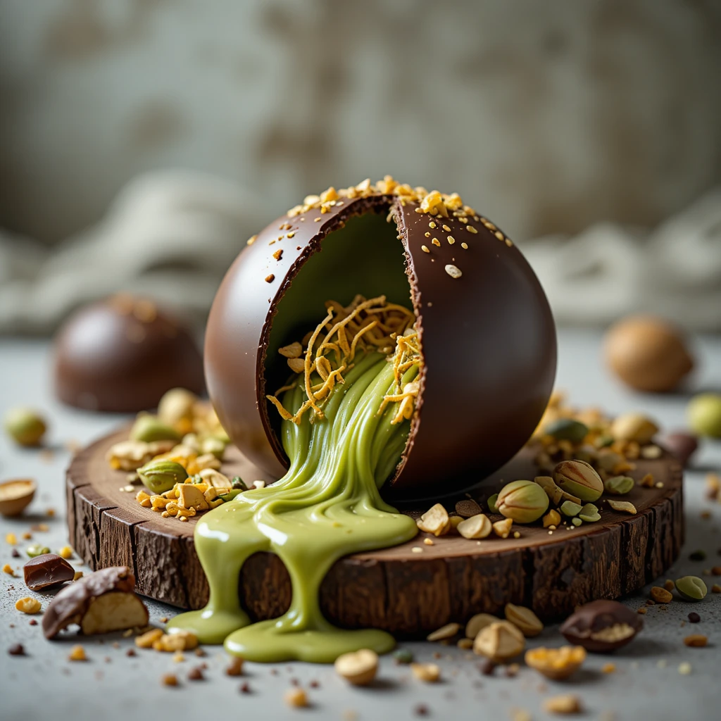 Sobremesa de chocolate luxuosa com creme de pistache e kataifi