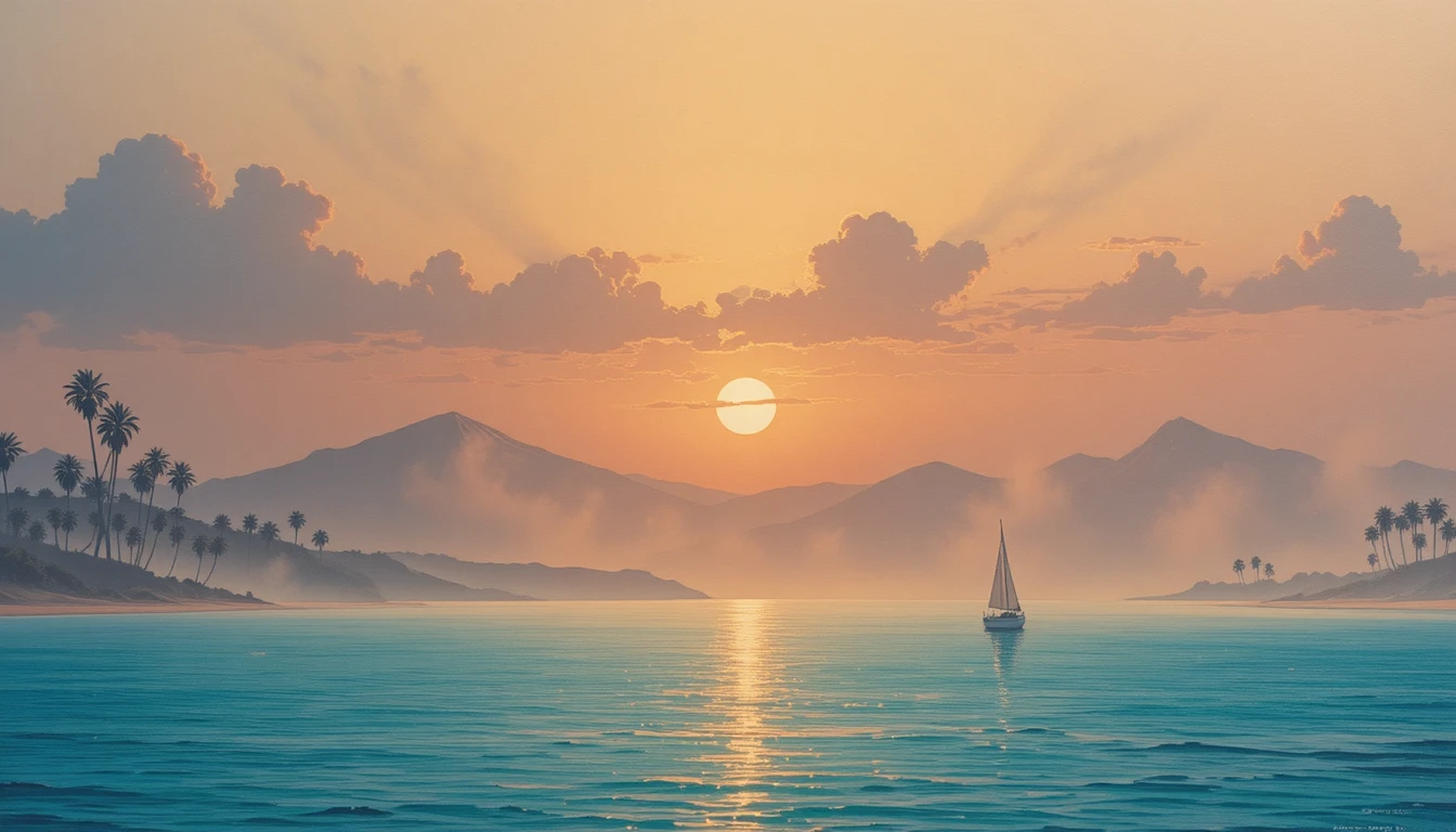 Nascer do sol sobre um mar tranquilo com veleiro solitário