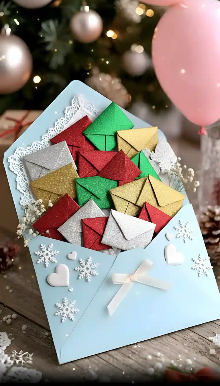 Enveloppes colorées disposées dans une mise en scène festive et lumineuse