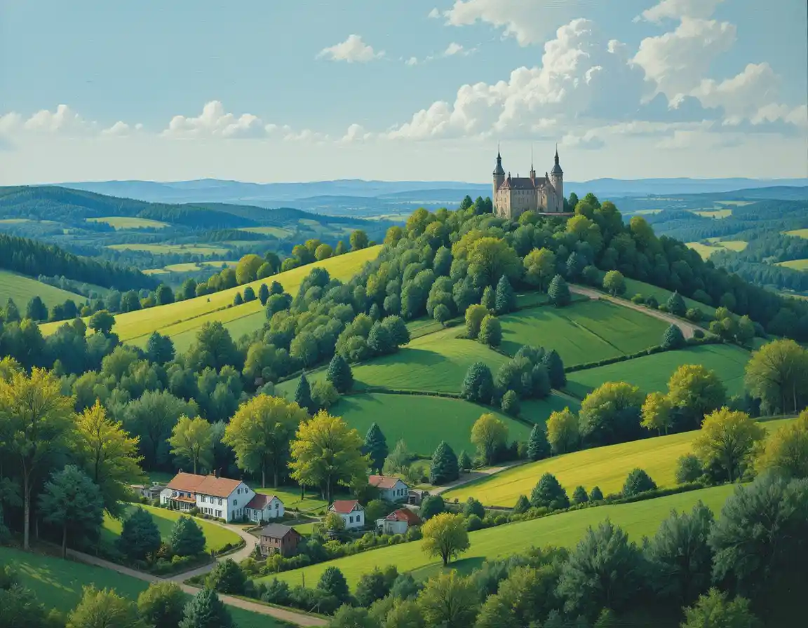 Sunlit green valley with river, vineyards and distant pines