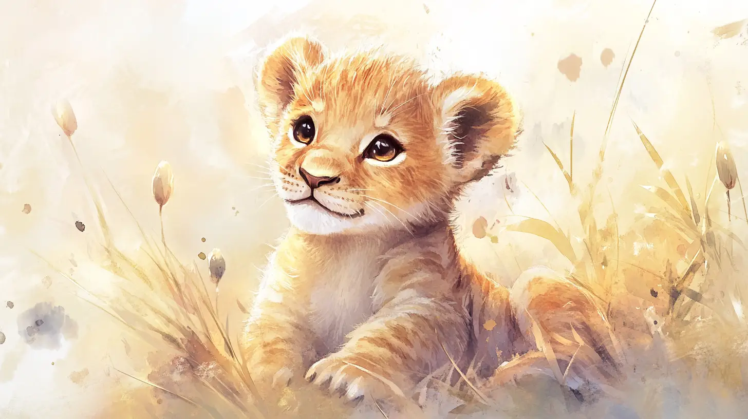 Niedliches Löwenbaby in weicher Aquarell-Savannenszene