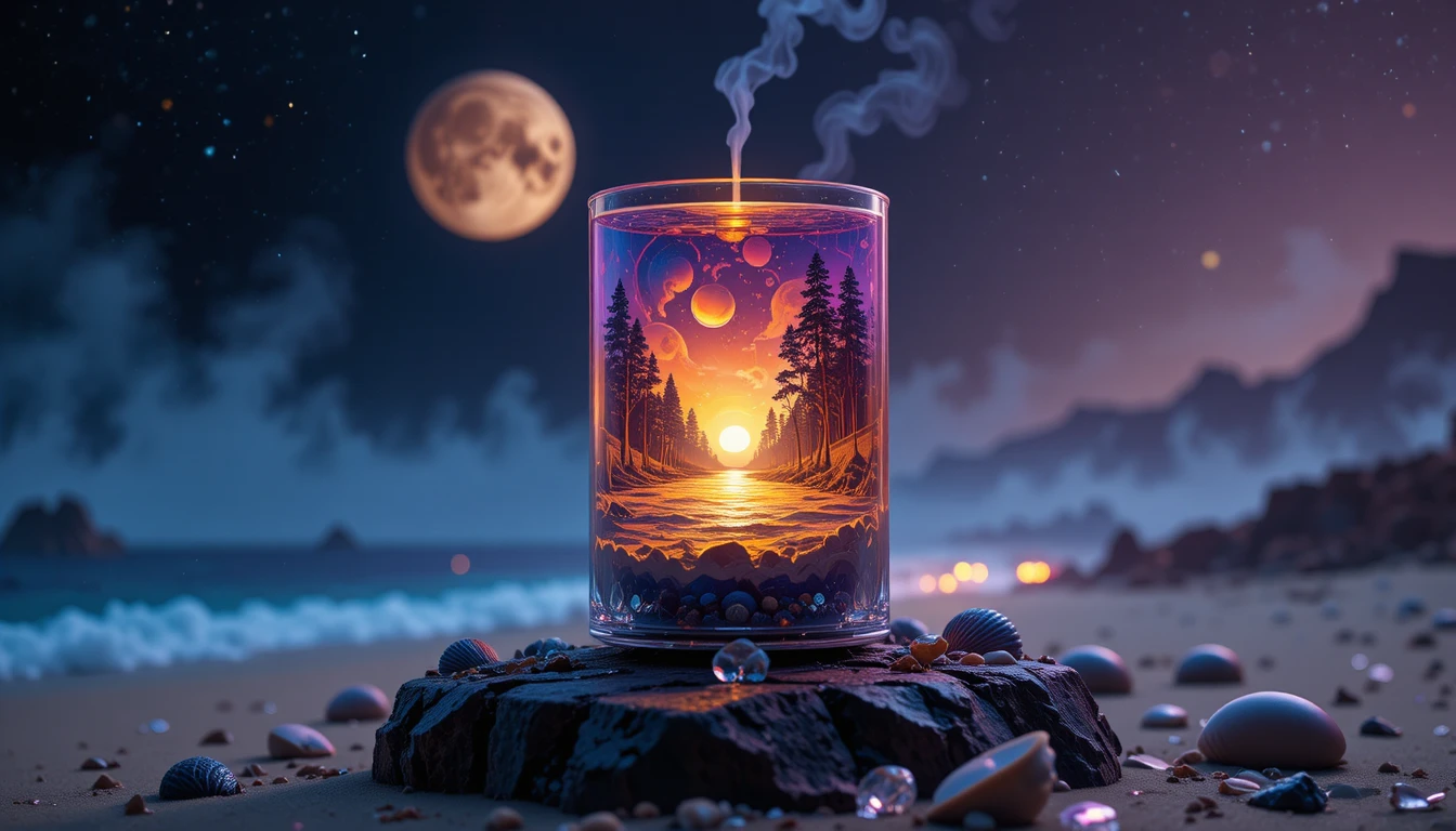 Surreale Kerze mit kosmischer Landschaft, die im dunklen Raum leuchtet