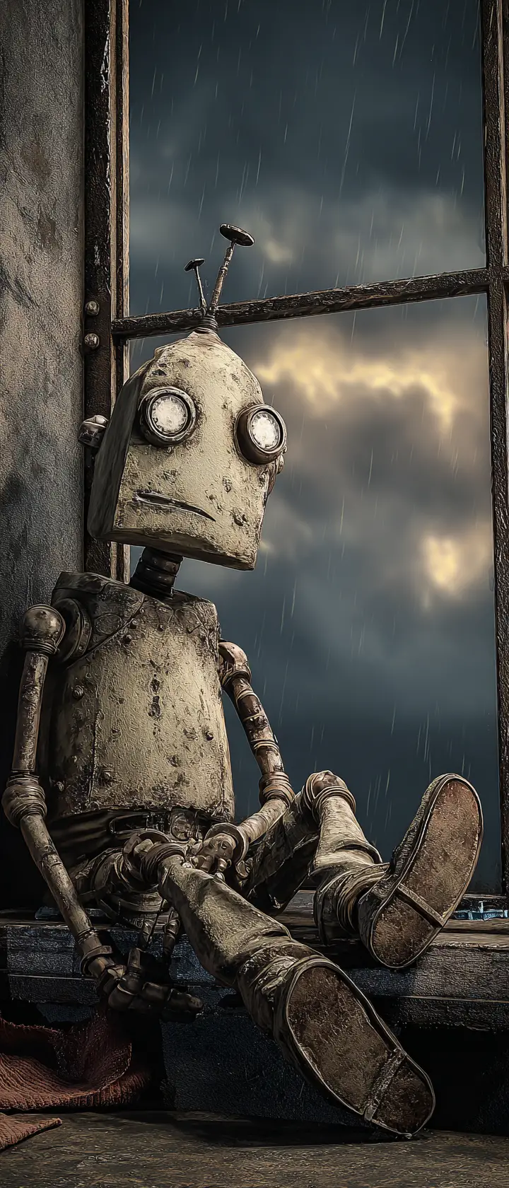 Melancholic robot sitting in a bleak industrial room