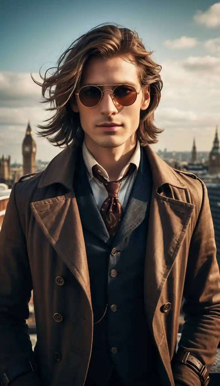 Young man posing on a London rooftop at sunset