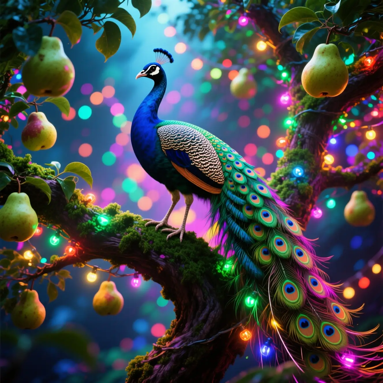 Majestätischer Pfau auf einem Birnbaum im Glanz von Weihnachtslichtern